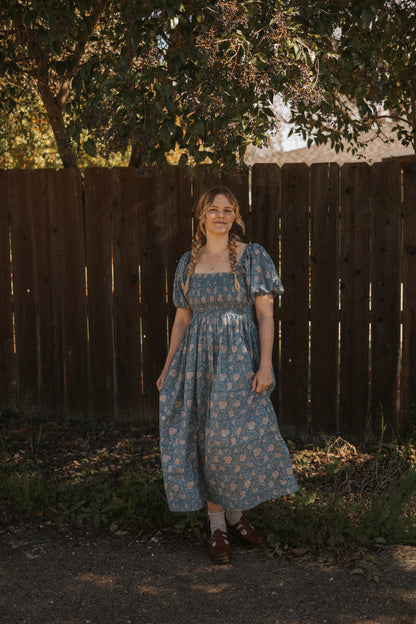 The Forgiving Dress-Blue/Gold Floral