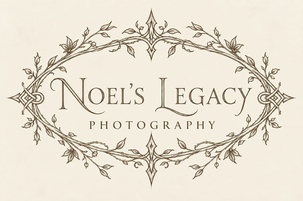 Noel's Legacy Photography logo: the name in fine script inside an oval wreath of thorned vines and leaves