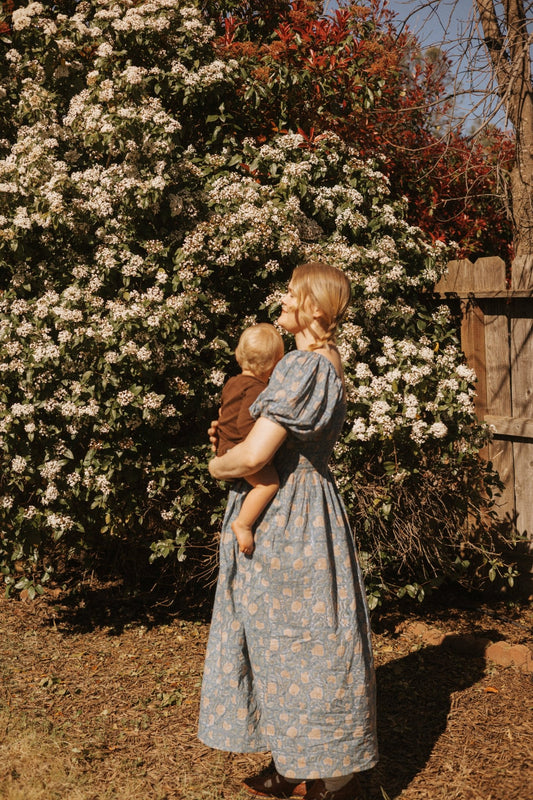 The Forgiving Dress - Blue/Gold Floral - Cave Dwellers